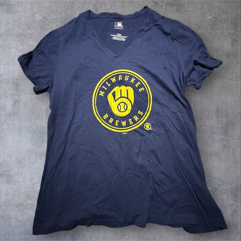 MLB Milwaukee Brewers Women Navy Blue V-Neck Graphic T-Shirt Large L Ball Logo
